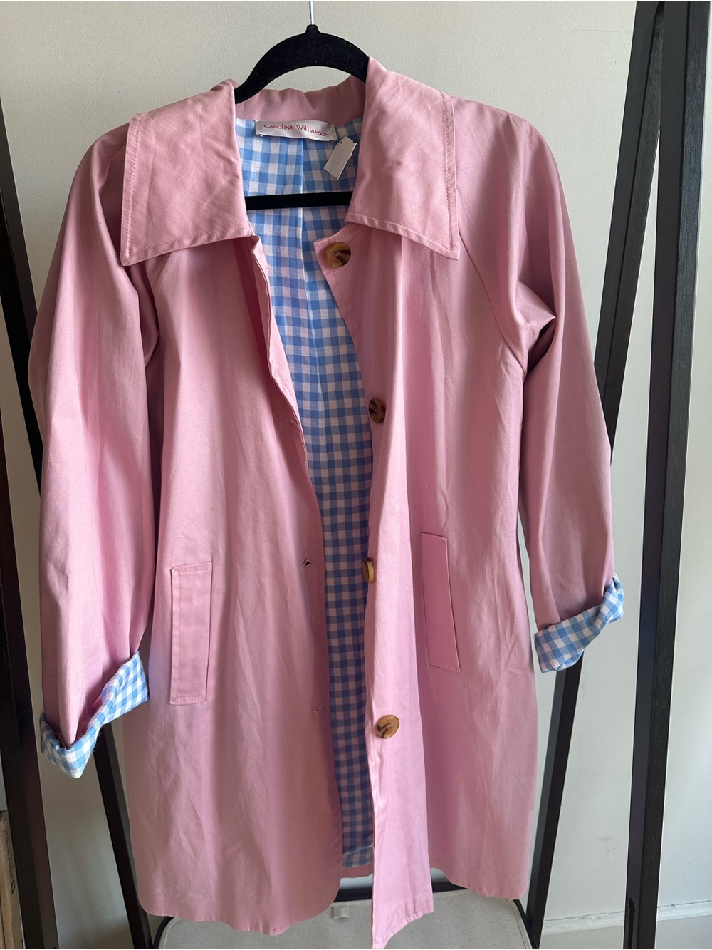 Pink Women's Trench Coat with Gingham Lining